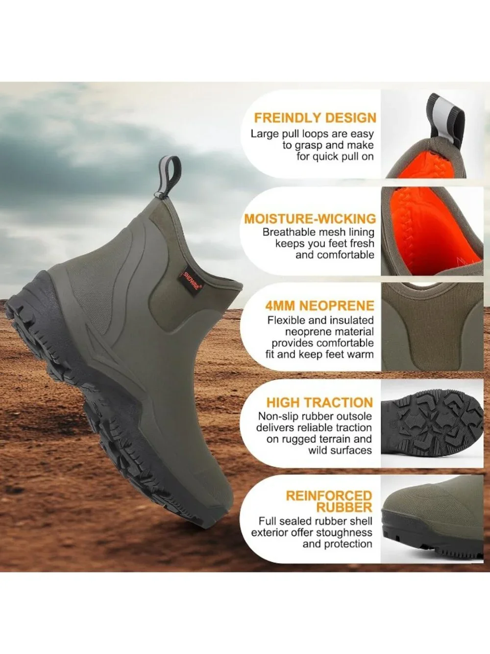 Men's Olive Lightweight Ultra-Light Mud Rubber Fishing Waterproof Rain Boots